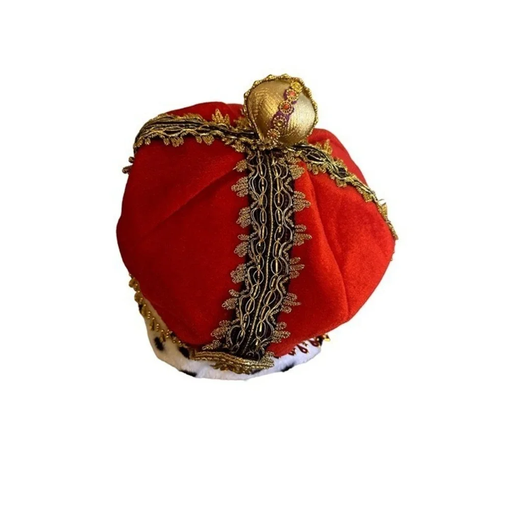 King Costume Fabric Crown Red Gold Hat Cap One Size Embellished Jewels